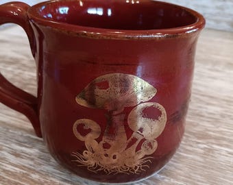 Red Mushroom Mug, Gold Decal, Pottery Gift