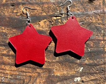 Red Leather Funky Large Star Drop Earrings Thick Double Leather Handmade