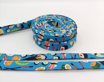 Sushi auf Blau Doppelfach Schrägband - 1 oder 3 Meter, 3/8 "oder 1/2" breit