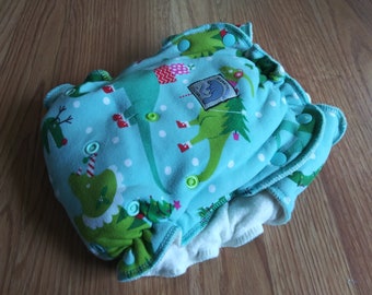 Toddler size (20-55+ lbs.) Hybrid Fitted Cloth Diaper day/ overnight, Hemp Bamboo Cotton,  Christmas Dinos, ready to ship