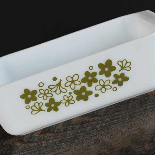 Vintage Pyrex Spring Blossom Loaf Pan / Retro Pyrex Bread Pan / Crazy Daisy Pyrex / Green Floral / Vintage Bakeware