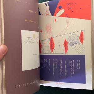 Puede incluir: Libro abierto con ilustraciones de manga japon&eacute;s. Las p&aacute;ginas presentan paneles con bocadillos, dibujos de personajes y texto japon&eacute;s. La portada es de color marr&oacute;n oscuro con el t&iacute;tulo "DIE T&Ouml;DLICHE DOLL" impreso.