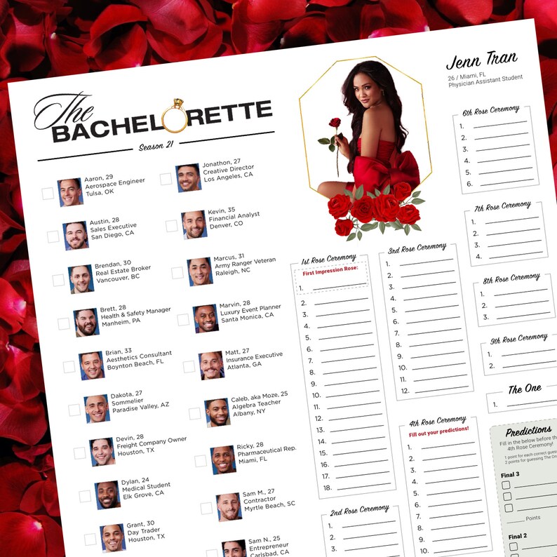 The Bachelorette Bracket Show Guide Jenn Tran Season 21 - Etsy