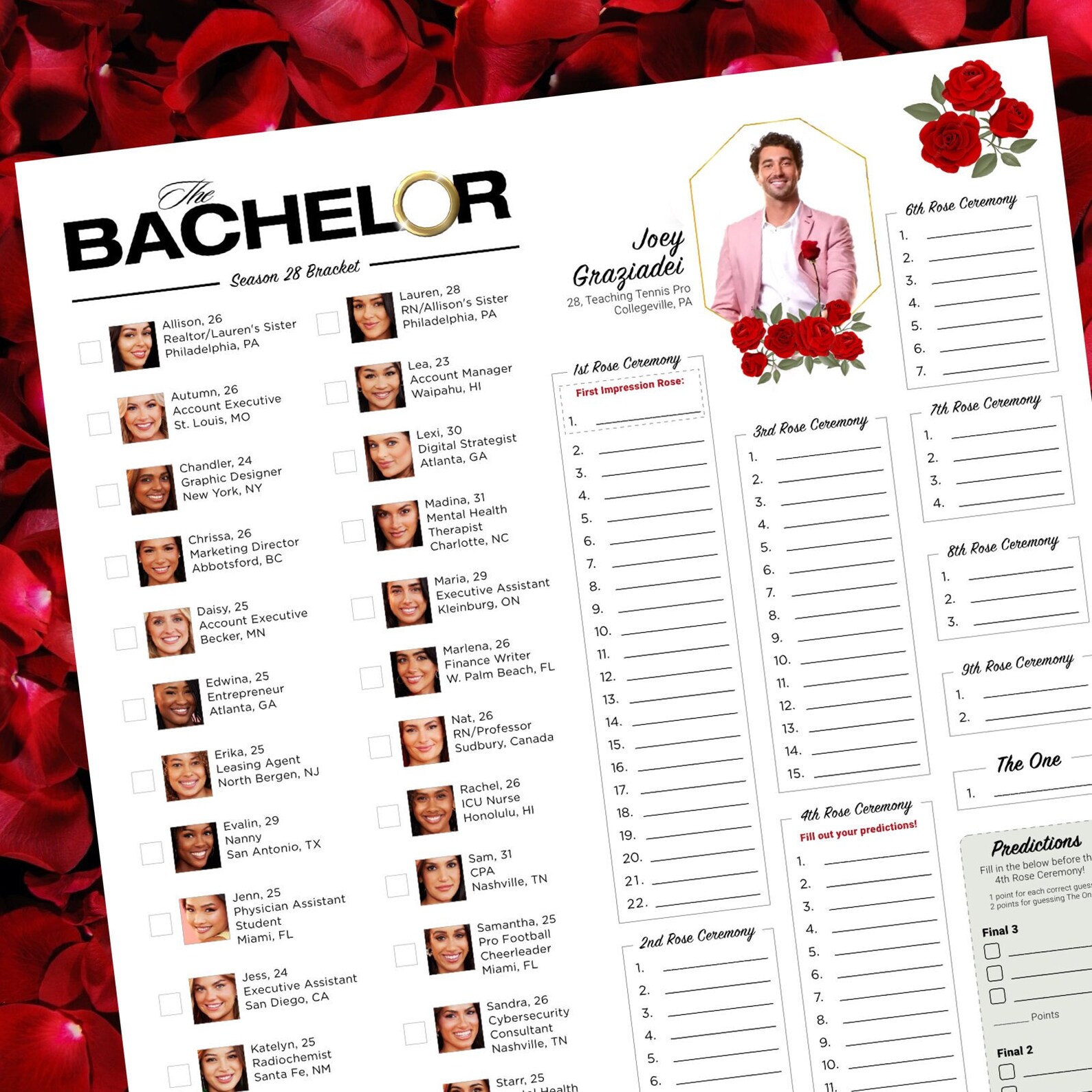 The Bachelor Bracket Show Guide Joey Graziadei Season 28 - Etsy