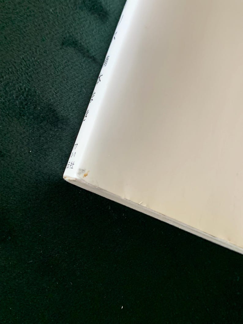 Puede incluir: Una esquina de un libro blanco con texto japon&eacute;s. El borde del libro est&aacute; ligeramente desgastado, con una peque&ntilde;a mancha marr&oacute;n. El fondo es una superficie verde oscuro, posiblemente de terciopelo.