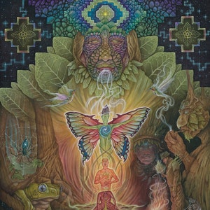 May include: A psychedelic painting featuring a central figure in a meditative pose, surrounded by symbolic imagery such as a butterfly, a frog, and a tree. The painting is full of vibrant colours and intricate details.