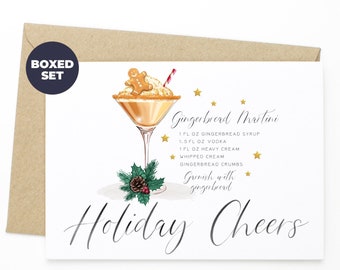 Christmas Cocktails Christmas Card Set - Holiday Cheers - Set of 10 Greeting Cards (Mixed) & Envelopes - Holiday Cocktail Party Favours