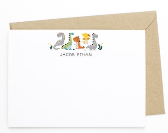 Dinosaur Personalized Stationery - Set of 12 Flat Notecards & Envelopes - Birthday Notecard, Baby Boy Stationery, Custom Dinosaur Stationery