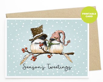 PRINTABLE Christmas Card - Season's Tweetings - Bird Christmas Card, Holiday Card, Printable Christmas Card