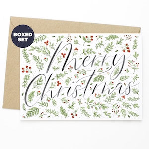 Merry Christmas Boxed Christmas Greeting Cards - Set of 10 Greeting Cards & Envelopes - Boxed Holiday Card Set, Watercolour Christmas Card