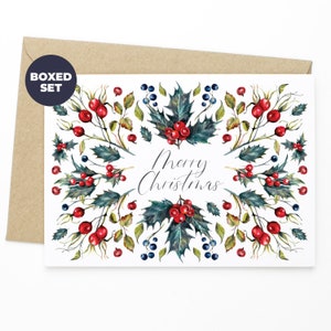 Merry Christmas Boxed Christmas Greeting Cards - Set of 10 Greeting Cards & Envelopes - Boxed Holiday Card Set, Watercolour Christmas Card