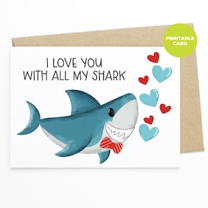 PRINTABLE Shark Valentine&#39;s Day Card - Happy Valentine&#39;s Day Greeting Card for Kids, Kids Valentine&#39;s Day Card, I Love You Card for Kids