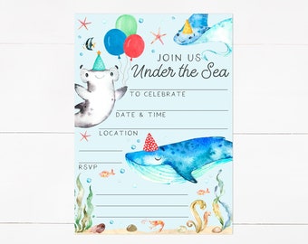 Fill In Under The Sea Birthday Invitations - Set of 10 Flat Invitations & Envelopes - ocean birthday, sea birthday party, sea life birthday