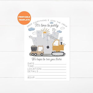 PRINTABLE Fill-in the blank Construction Birthday Invitation - Drop Everything & Join The Crew It&#39;s Time To Party - Kids party invite LD1