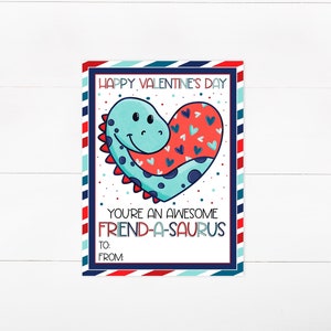 Biglietti di San Valentino di dinosauro stampabili per bambini - Sei un fantastico amico-a-Saurus - Dinosauro San Valentino Carte stampabili fai da te, aula