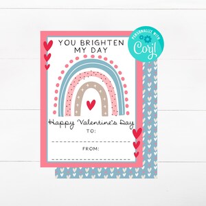 EDITABLE Rainbow Valentine&#39;s Day Card For Classmates - You Brighten My Day - Kids Valentine&#39;s Day Card
