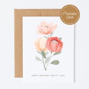 Cartão de aniversário para impressão - Feliz aniversário, linda moça, cartão de aniversário para amiga floral, cartão de aniversário para colega de trabalho