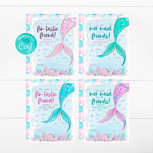 EDITABLE Colorful Mermaid Valentine&#39;s Day Card For Classmates - Mermaid Valentine Cards for Friends - Kids Valentine&#39;s Day Card