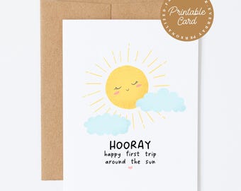 Printable First Trip Around the Sun Birthday Card, First Birthday Card, Sunshine Digital Greeting Card for Baby