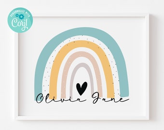 Lámina personalizada con nombre para guardería: Arte arcoíris editable (descarga digital)