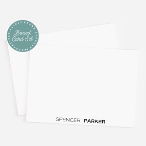 May include: A boxed card set with a white background. The set includes a card and an envelope. A teal circular sticker with the words "Boxed Card Set" is in the upper left corner. The words "Spencer | Parker" are printed in black at the bottom.