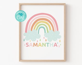 Lámina personalizada con nombre para habitación infantil: Arte arcoíris, letrero editable (descarga digital)