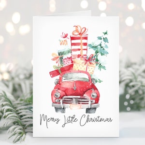 Carte de Noël - Joyeux Petit Noël - Cartes de Noël vierges, Carte de Noël aquarelle, Carte de vœux rouge pour camion de Noël