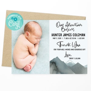 Baby Announcement Photo Card - Woodland Thank You Card, Baby Shower Thank You Card, Baby Stats Card, Baby Shower Thank You
