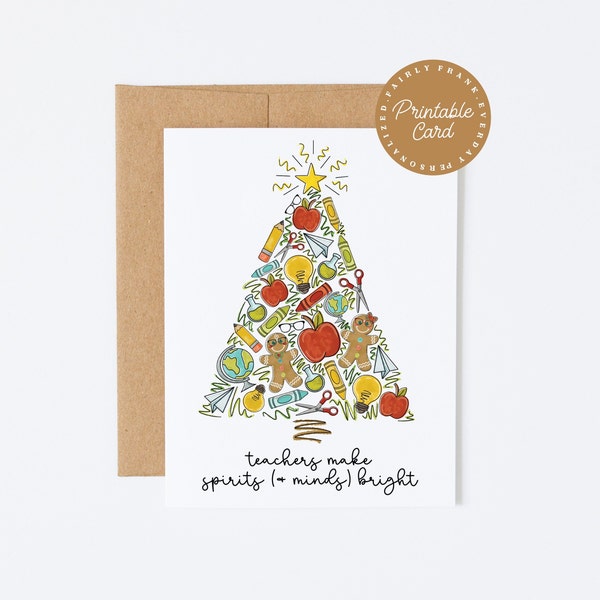 PRINTABLE Christmas Card For Teacher - Teacher Make Spirits Bright - Holiday Card For Teacher, Thank You Card for Teacher, School Card