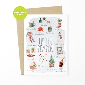 PRINTABLE Christmas Card - Tis&#39; The Season - Holiday Cards, Printable Xmas Card, Water-color Christmas Card