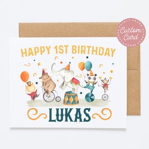 Carte d'anniversaire enfant personnalisée - carte d'anniversaire cirque - carte d'anniversaire garçon, 1er anniversaire carte petit-fils, 2e anniversaire carte neveu