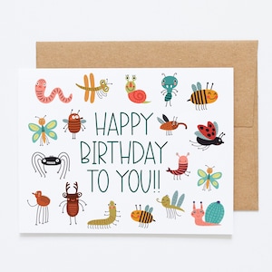 Carte d'anniversaire de bogue pour les enfants - Célébrez avec une créature rampante - Carte de joyeux anniversaire pour garçons