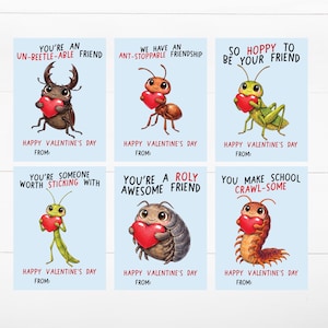 May include: Set of six Valentine's Day cards with cartoon insects holding red hearts. Each card has a pun-based message like "Un-beetle-able Friend" and "So Hoppy to be your friend". The cards are on a light blue background.