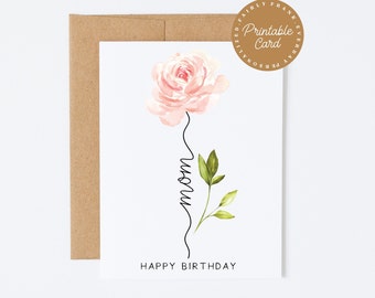 PRINTABLE Birthday Card For Mom - Mom, Happy Birthday -  Floral Birthday Card For Mother, Simply Birthday Card