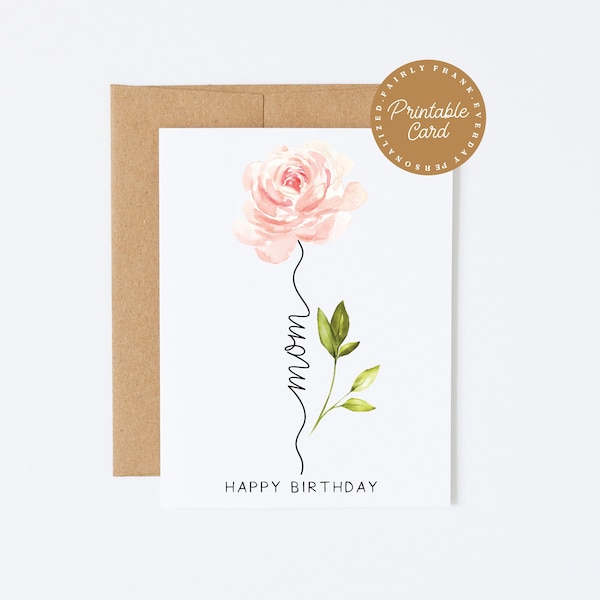 PRINTABLE Birthday Card For Mom - Mom, Happy Birthday -  Floral Birthday Card For Mother, Simply Birthday Card