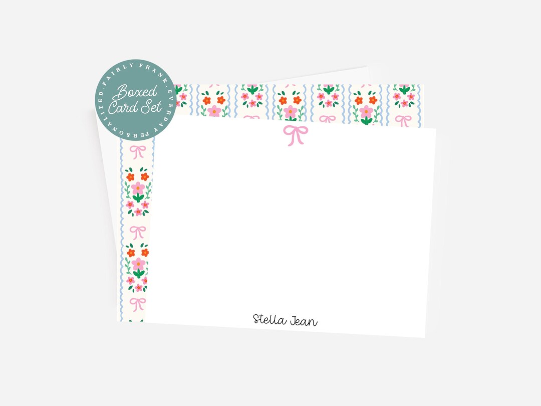 Personalized Floral Bow Stationery Set – Custom Name Flat Notecards ...