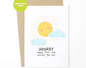 PRINTABLE 1st Birthday Card - Hooray Happy First Trip Around The Sun - 1st birthday card, first birthday card, cute baby birthday card