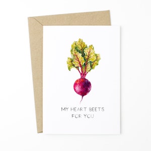 Carte de jeu de mots alimentaire - My Heart Beets For You - Carte d'anniversaire, carte Je t'aime, carte de la Saint-Valentin, carte de jeu de mots pour mari, carte pour femme