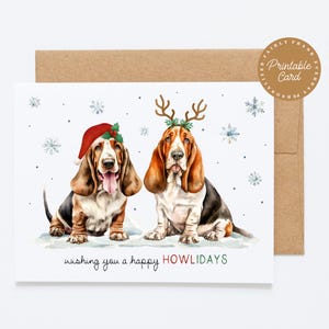 DRUCKBARE Weihnachtskarten - wünschen Ihnen schöne Howlidays - Basset Hound Weihnachtskarte