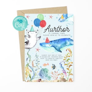 May include: A blue and white invitation with a whale, a hammerhead shark, and a starfish. The text reads "Aurthor is turning three. Please join us to celebrate. Sunday July 3rd at 11am. 12 Ocean Ave, Seaweed Beach. RSVP to Laura by June 4th. 000-123-4567."