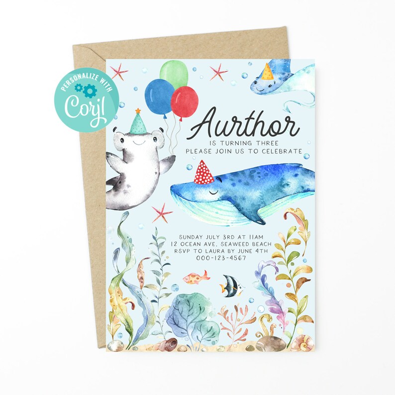 May include: A blue and white invitation with a whale, a hammerhead shark, and a starfish. The text reads "Aurthor is turning three. Please join us to celebrate. Sunday July 3rd at 11am. 12 Ocean Ave, Seaweed Beach. RSVP to Laura by June 4th. 000-123-4567."