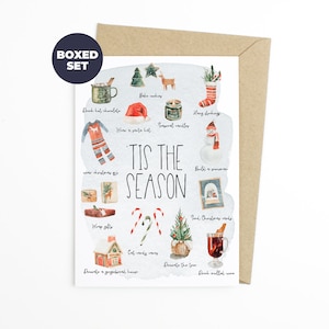 Cartes de vœux en boîte de Noël - Ensemble de 10 cartes de vœux et enveloppes - Tis' The Season - Carte de Noël à l’aquarelle, carte de Noël