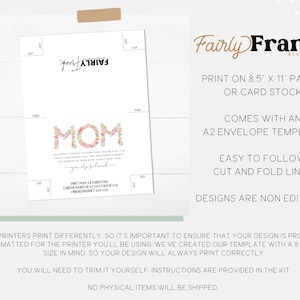 May include: Printable card template for Mother's Day. The card features a floral design with the word "MOM" in pink and white flowers. The text on the card reads "I am so grateful for everything you are. A big thank you for your endless love, your unwavering support, and your incredible strength. The memories we have together are some of the best. You are so loved." The card is designed to be printed on 8.5 x 11 inch paper or card stock and comes with an A2 envelope template.