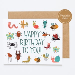 Cartão de aniversário para impressão de insetos rastejantes - Cartão de comemoração de feliz aniversário para meninos para crianças