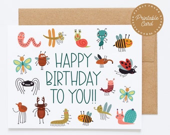 PRINTABLE Crawling Critter Bug Birthday Card - Boys' Happy Birthday Celebration Card for Kids