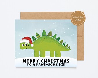 Printable Dinosaur Christmas Card for Kids, Rawr-Some Kid Holiday Card, Stegosaurus Digital Greeting Card