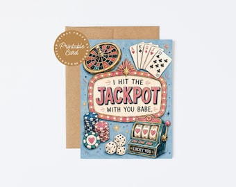 Tarjeta de amor de casino imprimible, tarjeta de San Valentín con premio mayor para la pareja, tarjeta de felicitación romántica de aniversario descarga digital. ¡Gané el premio mayor!