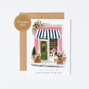 Cartão para o Dia das Mães com Floricultura para Imprimir, Cartão Sentimental para a Mãe, Design de Boutique em Aquarela, Cartão de Cumprimentos Significativo para o Dia das Mães