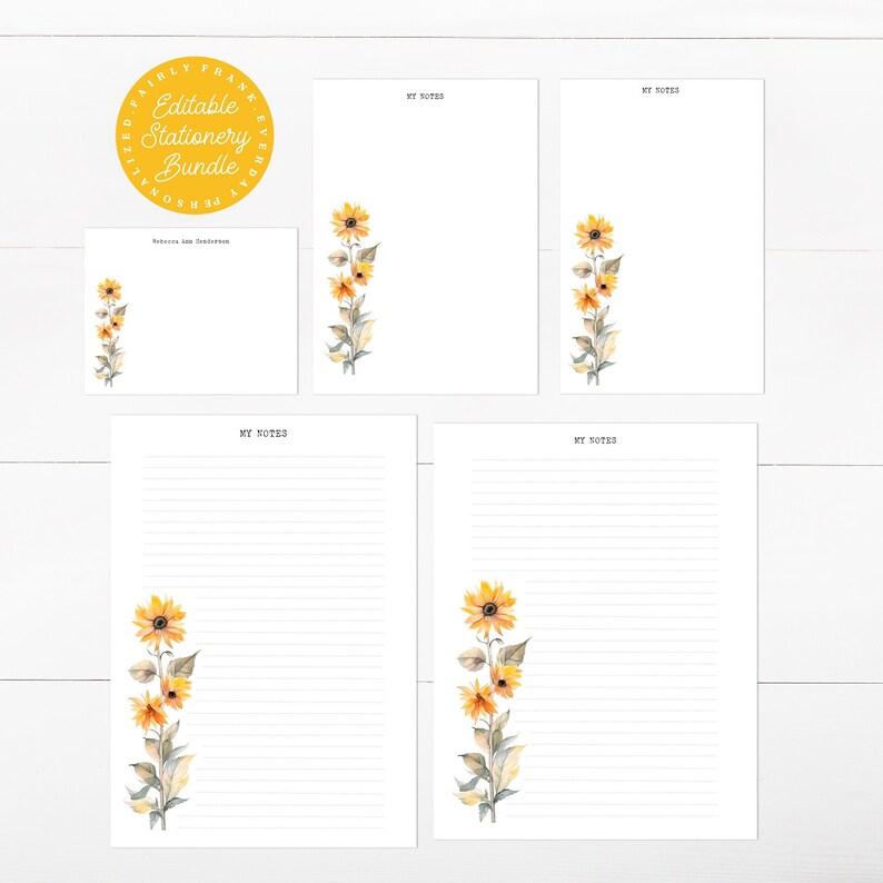Editable Sunflower Stationery Bundle: Printable Notecard & Letter ...