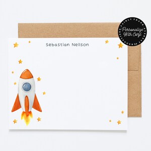 BEWERKBARE gepersonaliseerde raketschip briefpapier set voor jongens - aangepaste Space Shuttle notitiekaarten en bedankkaarten